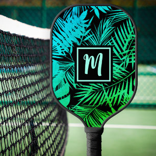 Tropical Monogram Turquoise Green Ombre Palm Leaf Pickleball Paddle