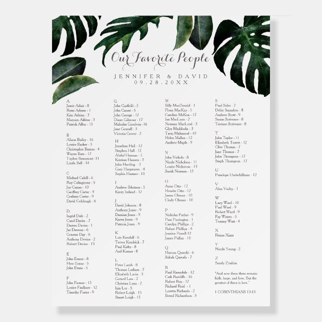 Tropical Monstera Alphabetical Seating Chart Foam Board (Front)
