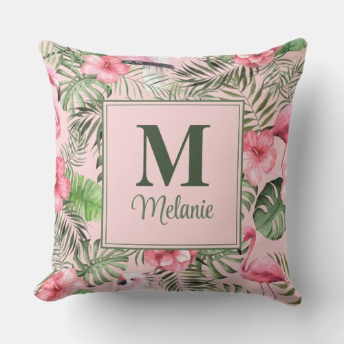Tropical Monstera and Flamingo Monogram Throw Pillow