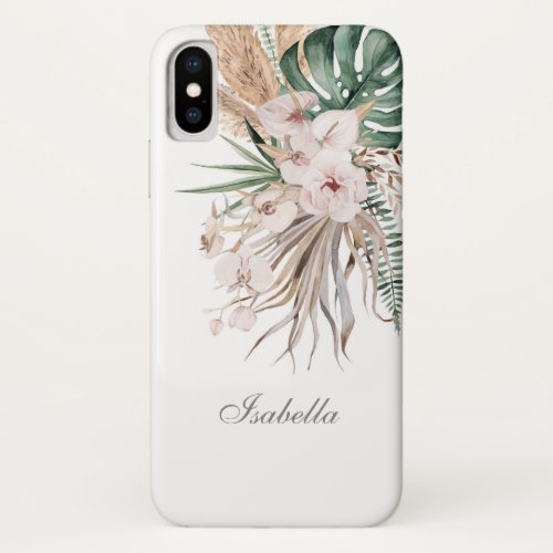 Tropical Monstera and Orchid Custom Name iPhone X Case