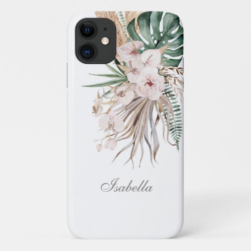 Tropical Monstera and Orchid Custom Name iPhone 11 Case