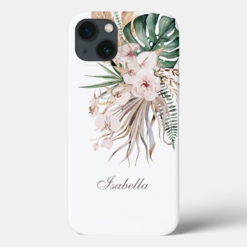 Tropical Monstera and Orchid Custom Name iPhone 13 Case