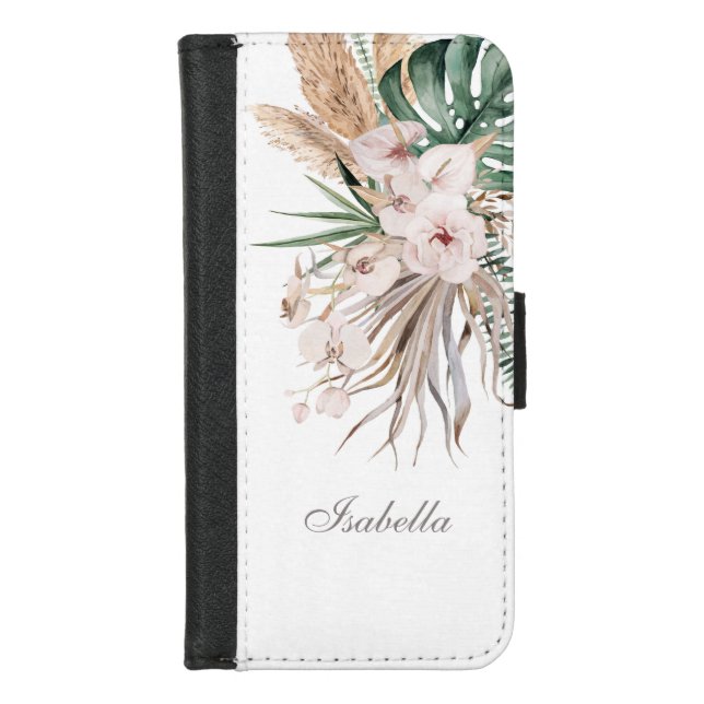 Tropical Monstera and Orchid Custom Name iPhone Wallet Case (Front)