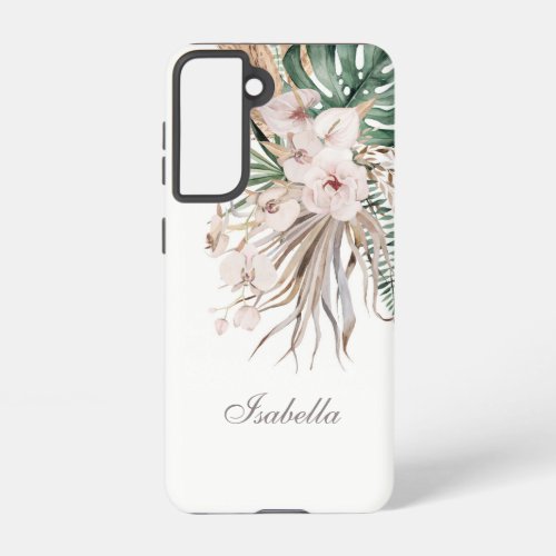 Tropical Monstera and Orchid Custom Name Samsung Galaxy S21 Case
