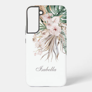 Tropical Monstera and Orchid Custom Name Samsung Galaxy S22+ Case