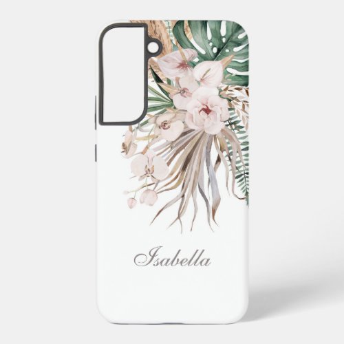 Tropical Monstera and Orchid Custom Name Samsung Galaxy S22 Case