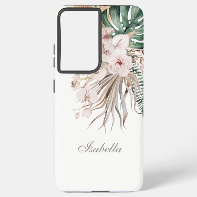 Tropical Monstera and Orchid Custom Name Samsung Galaxy Case (Back)