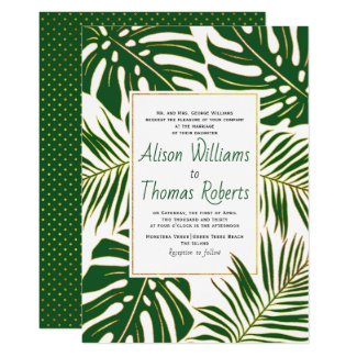 Tropical monstera and palm green leaves wedding invitation