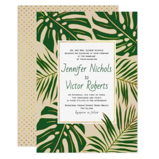 Tropical monstera and palm leaves beige wedding invitation