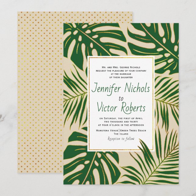 Tropical monstera and palm leaves beige wedding invitation (Front/Back)