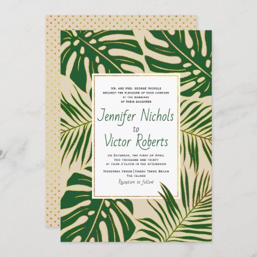 Tropical monstera and palm leaves beige wedding invitation