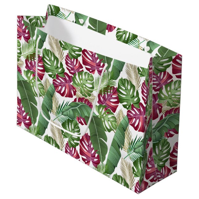Tropical Monstera and Palm Leaves Large Gift Bag (Front Angled)