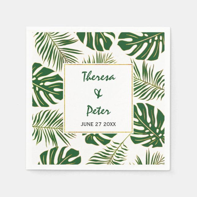 Tropical monstera and palm leaves modern wedding paper napkins (Front)