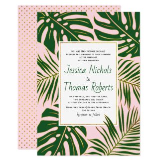 Tropical monstera and palm leaves pink wedding invitation