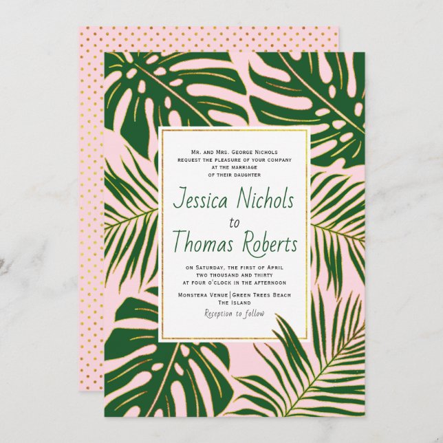 Tropical monstera and palm leaves pink wedding invitation (Front/Back)