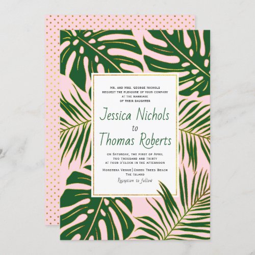 Tropical monstera and palm leaves pink wedding invitation