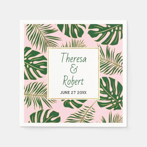 Tropical monstera and palm leaves pink wedding napkins