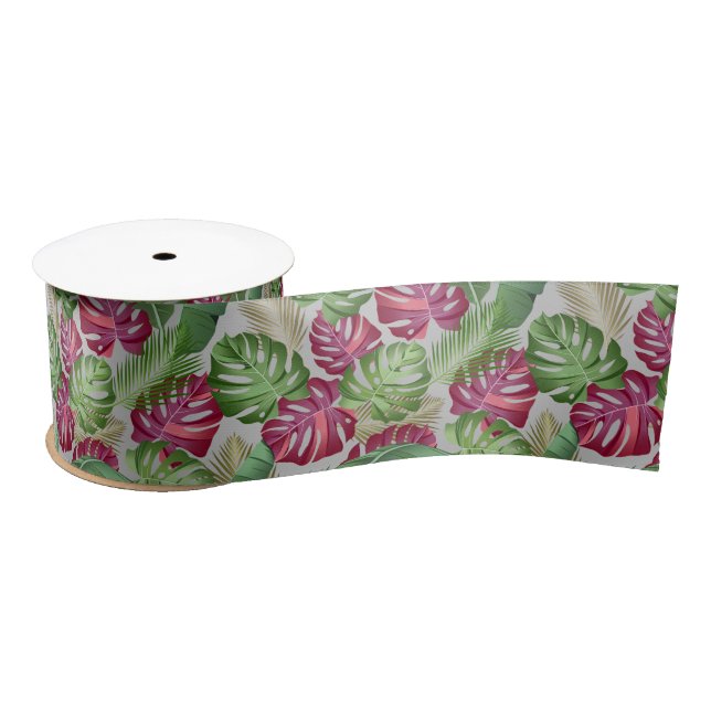 Tropical Monstera and Palm Leaves Satin Ribbon (Spool)
