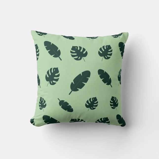 Tropical Monstera and Palm Leaves Seamless Pattern Throw Pillow (Front)