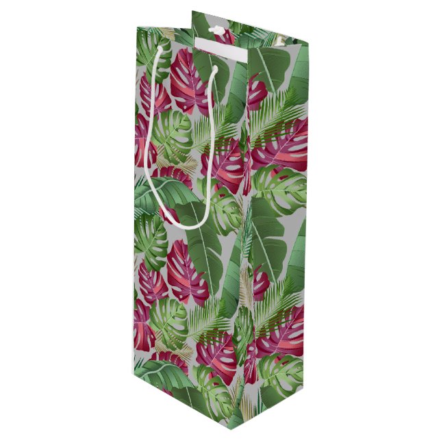 Tropical Monstera and Palm Leaves Wine Gift Bag (Front Angled)