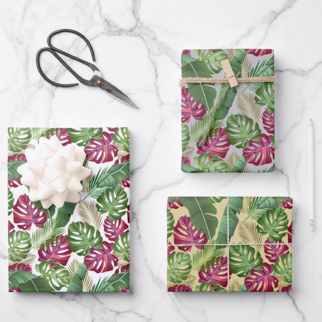 Tropical Monstera and Palm Leaves Wrapping Paper Sheets (Front)