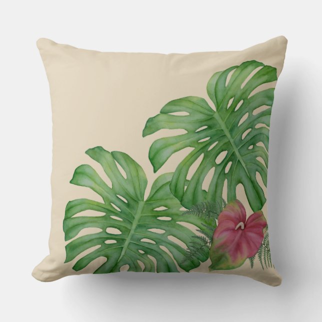 Tropical Monstera & Anthurium Jungle Throw Pillow (Front)