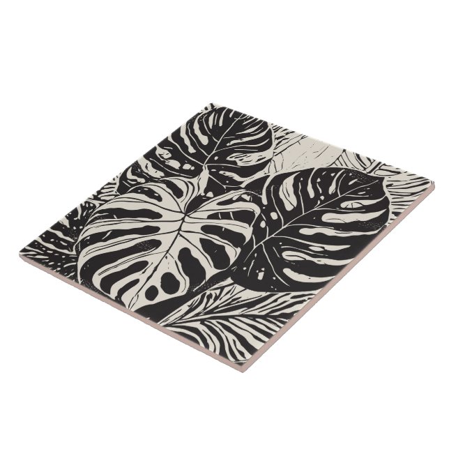 Tropical Monstera art black and white Ceramic Tile (Side)