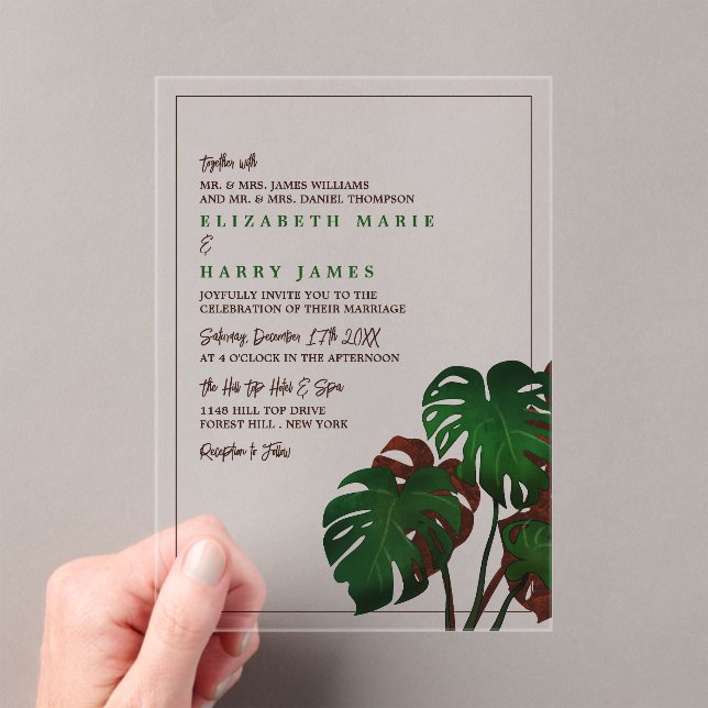 Tropical Monstera Beach Wedding Acrylic Invitations (Insitu (Handheld))