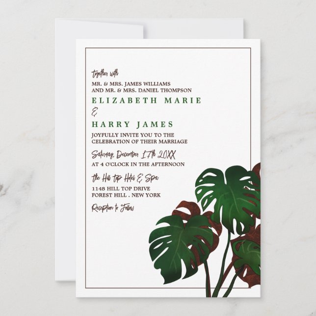 Tropical Monstera Beach Wedding Invitation (Front)