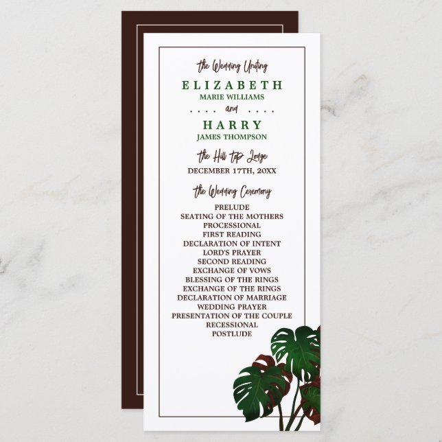 Tropical Monstera Beach Wedding Program (Front/Back)