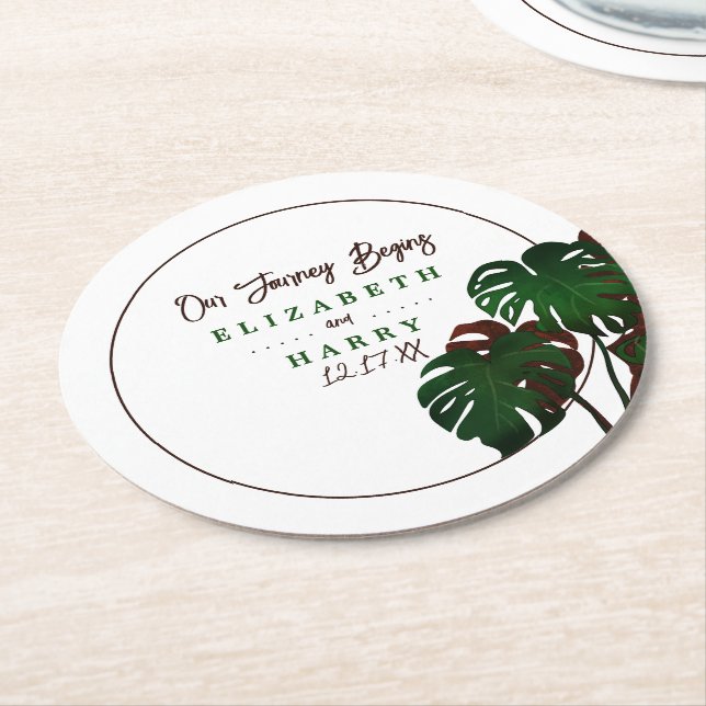 Tropical Monstera Beach Wedding Round Paper Coaster (Angled)