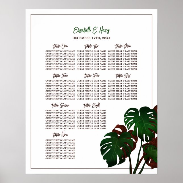 Tropical Monstera Beach Wedding Seating Chart (Front)
