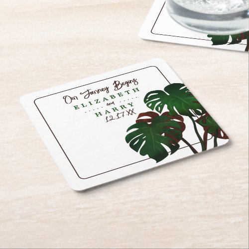 Tropical Monstera Beach Wedding Square Paper Coaster