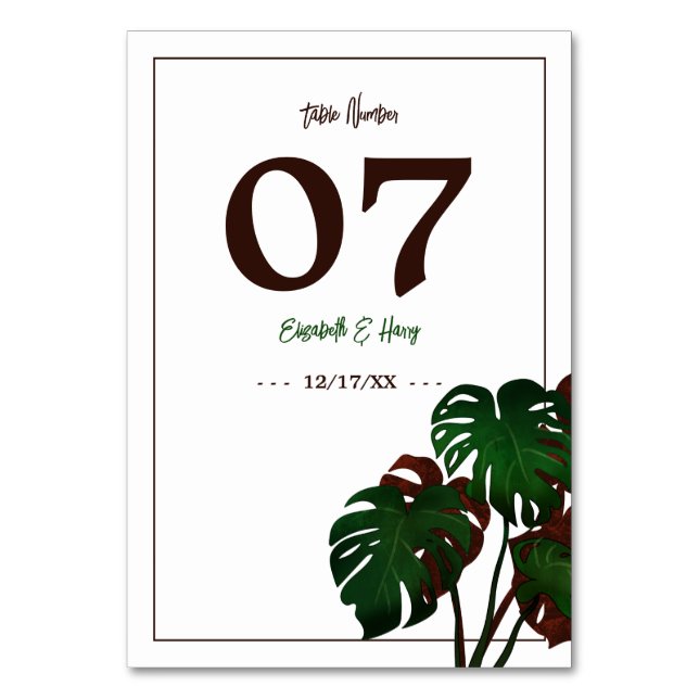 Tropical Monstera Beach Wedding Table Number (Front)