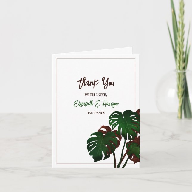 Tropical Monstera Beach Wedding Thank You Card (Front)