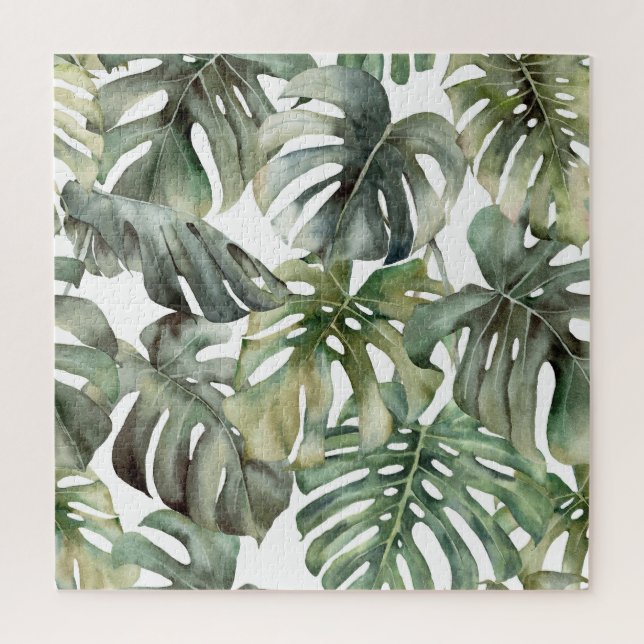 Tropical Monstera Big Watercolor Pattern Jigsaw Puzzle (Vertical)