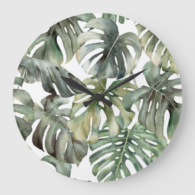 Tropical Monstera Big Watercolor Pattern Large Clock (Front)