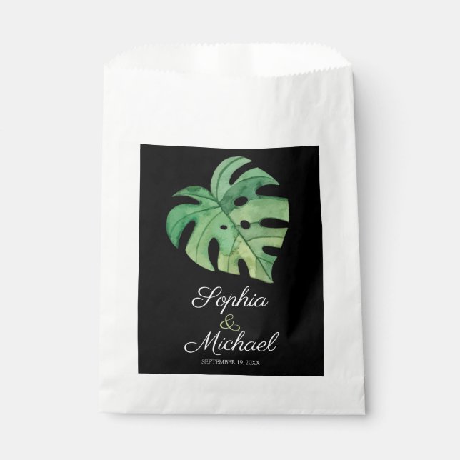 Tropical Monstera Black Wedding Favor Bag (Front)
