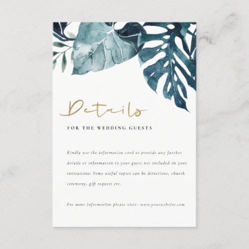 Tropical Monstera Blue Foliage Wedding Details Enclosure Card