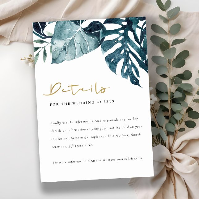 Tropical Monstera Blue Foliage Wedding Details Enclosure Card (Creator Uploaded)