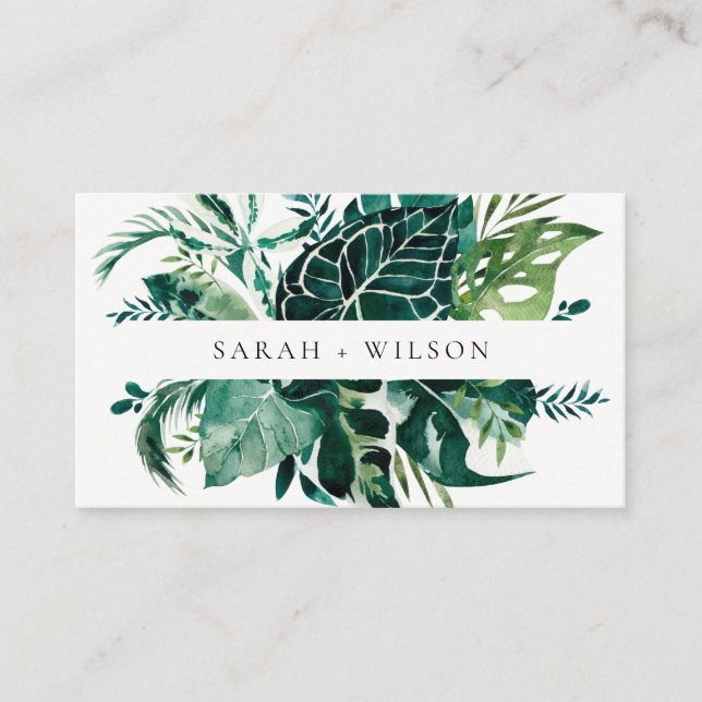 Tropical Monstera Blue Foliage Wedding Website Bus Business Card (Front)