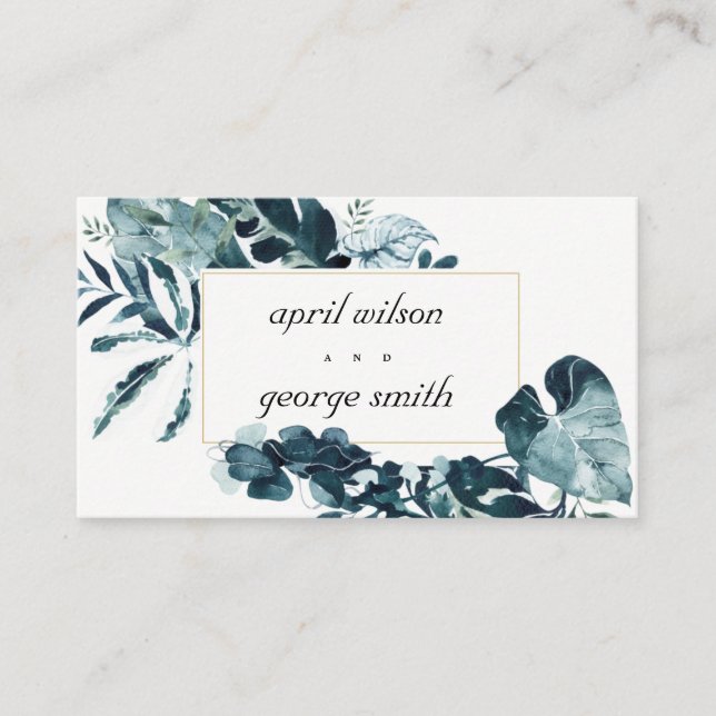 Tropical Monstera Blue Foliage Wedding Website Business Card (Front)