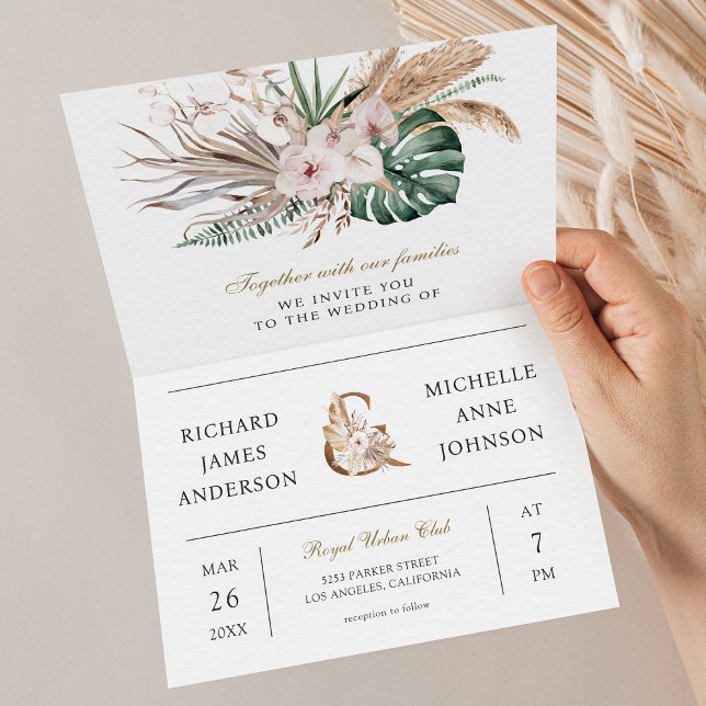 Tropical Monstera Boho Pampas QR Code Wedding Invitation (Creator Uploaded)