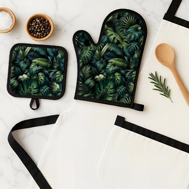 Tropical Monstera Botanical Green Jungle  Oven Mitt & Pot Holder Set (Oven Mitts)