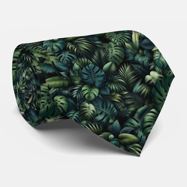 Tropical Monstera Botanical Green Jungle Print Neck Tie (Rolled)