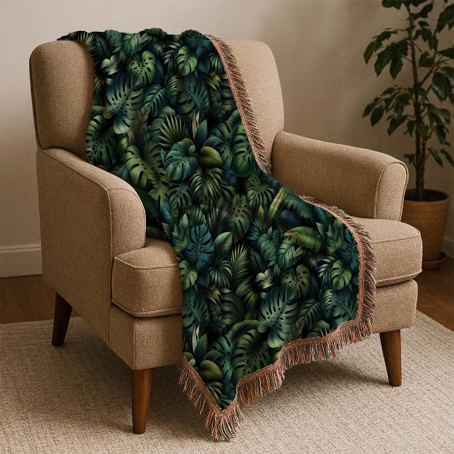 Tropical Monstera Botanical Green Jungle Throw Bla Blanket (Throw Blanket)