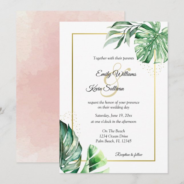 Tropical Monstera Botanicals & Gold | Wedding Invitation (Front/Back)