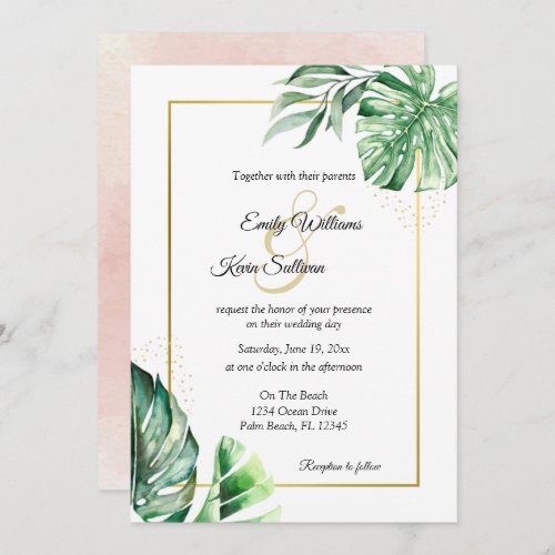 Tropical Monstera Botanicals  Gold  Wedding Invitation