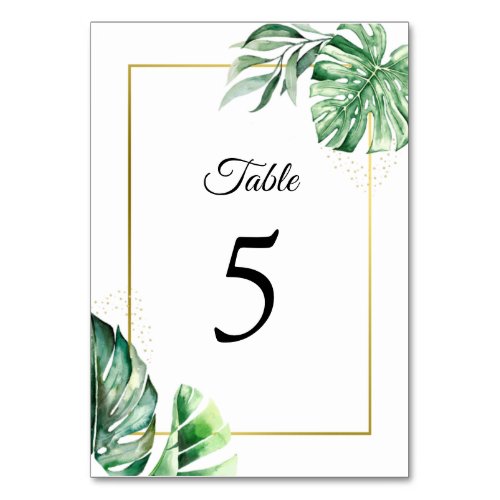 Tropical Monstera Botanicals  Gold  Wedding Table Number