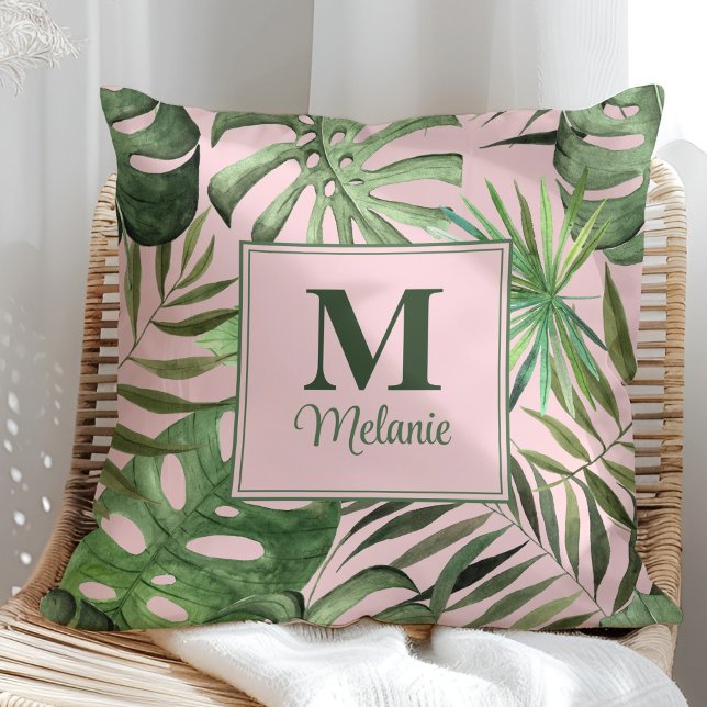 Tropical Monstera Custom Name and Initial Throw Pillow (Tropical Monstera Custom Name and Initial Throw Pillow in a sunny rattan armchair.)